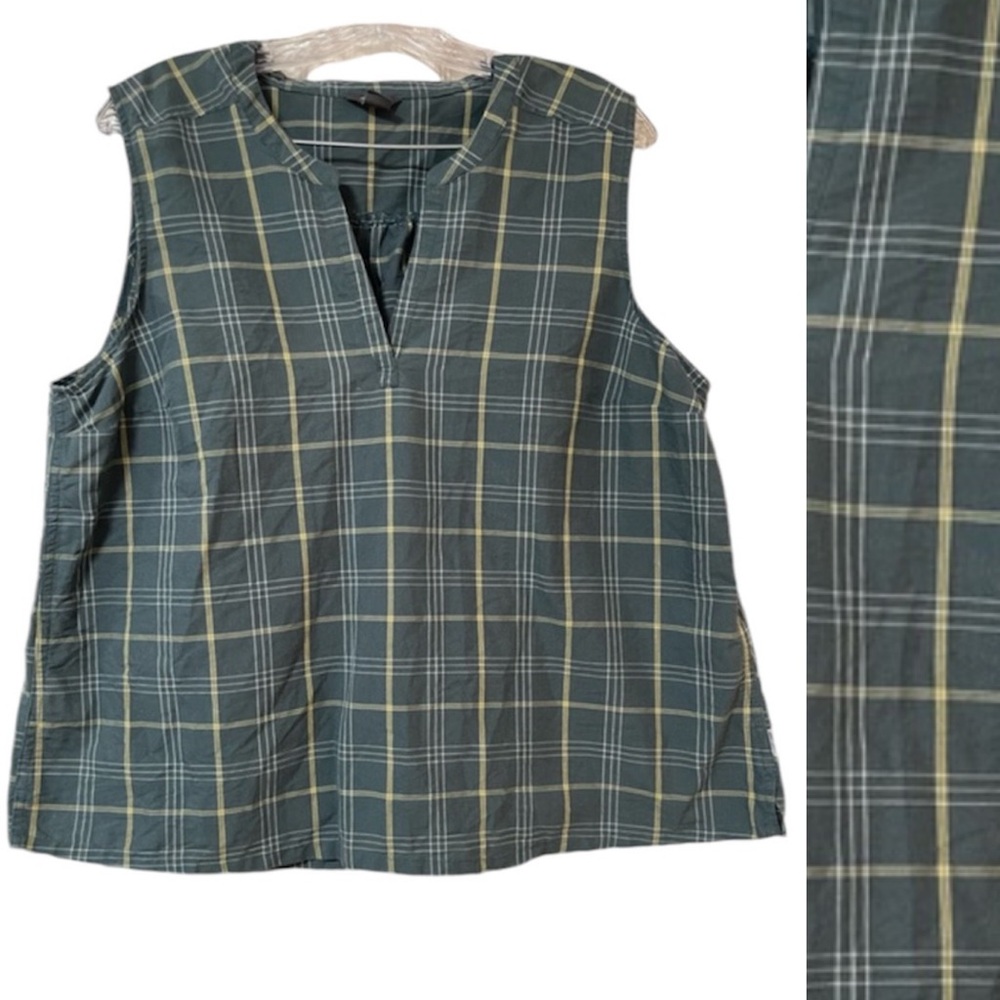 EDDIE BAUER Etesian Split Neck Sleeveless Green Yellow Plaid Top Size XL